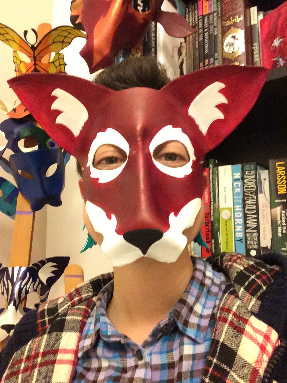 A long ago photo of me modelling a fox mask I made. Behind me on the left is my easle, on which several other masks are hanging. Behind me on the right was the single bookshelf I was able to fit in my room, on which a dragon mask dangles. 