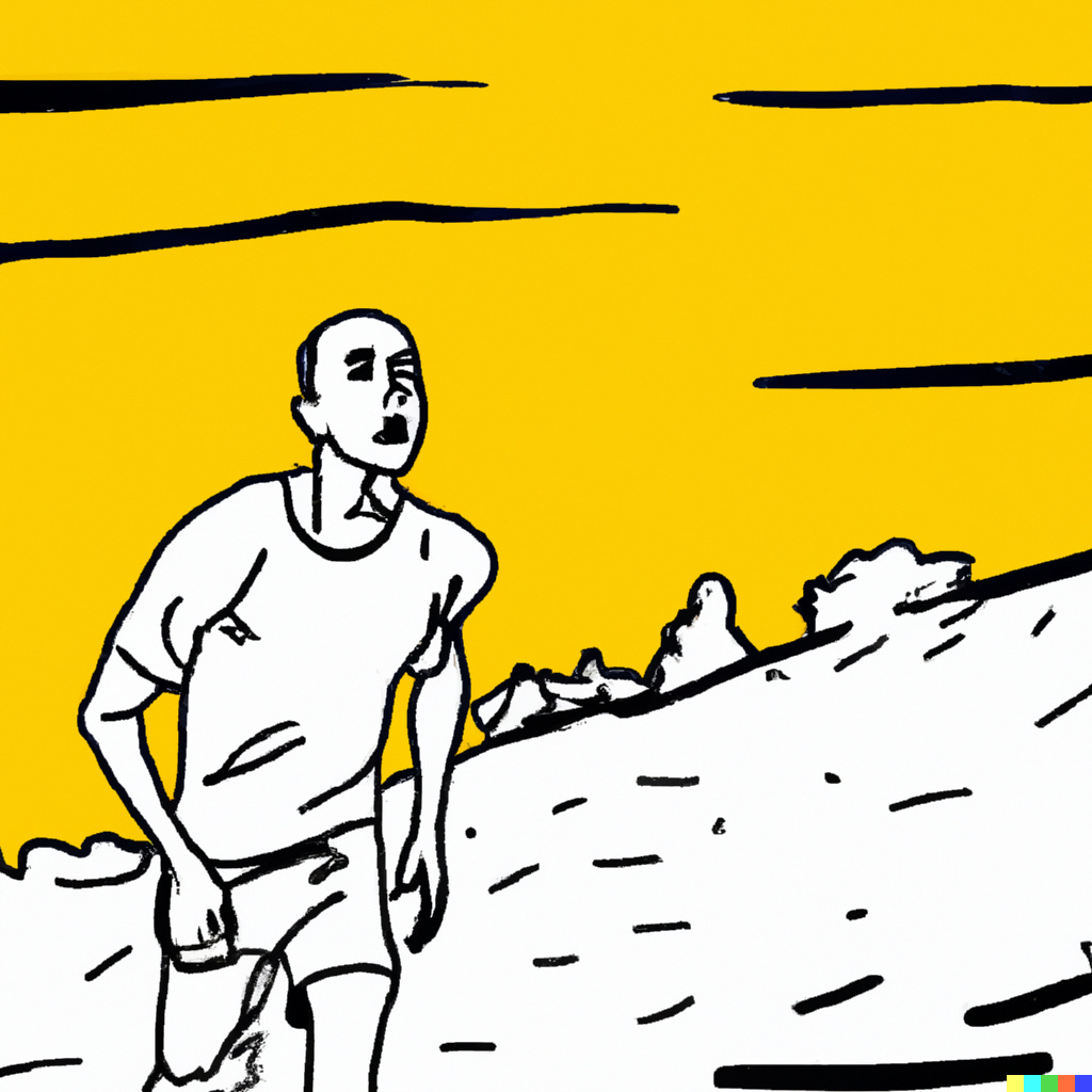 Cartoon of an exhausted man running up hill at dusk