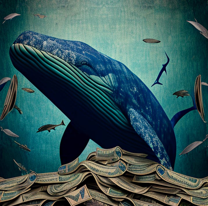 a blue whale in a sea of money