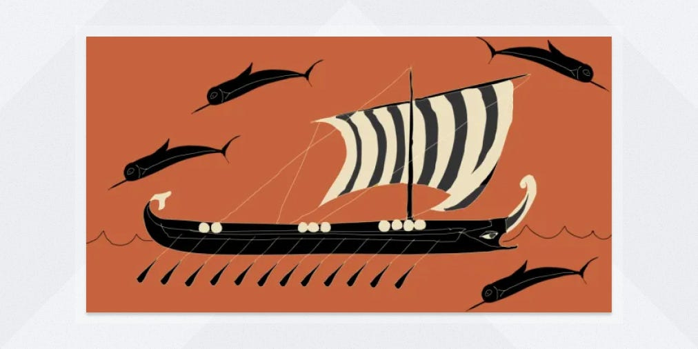 An image of the Ship of Theseus in the ancient Greek style.