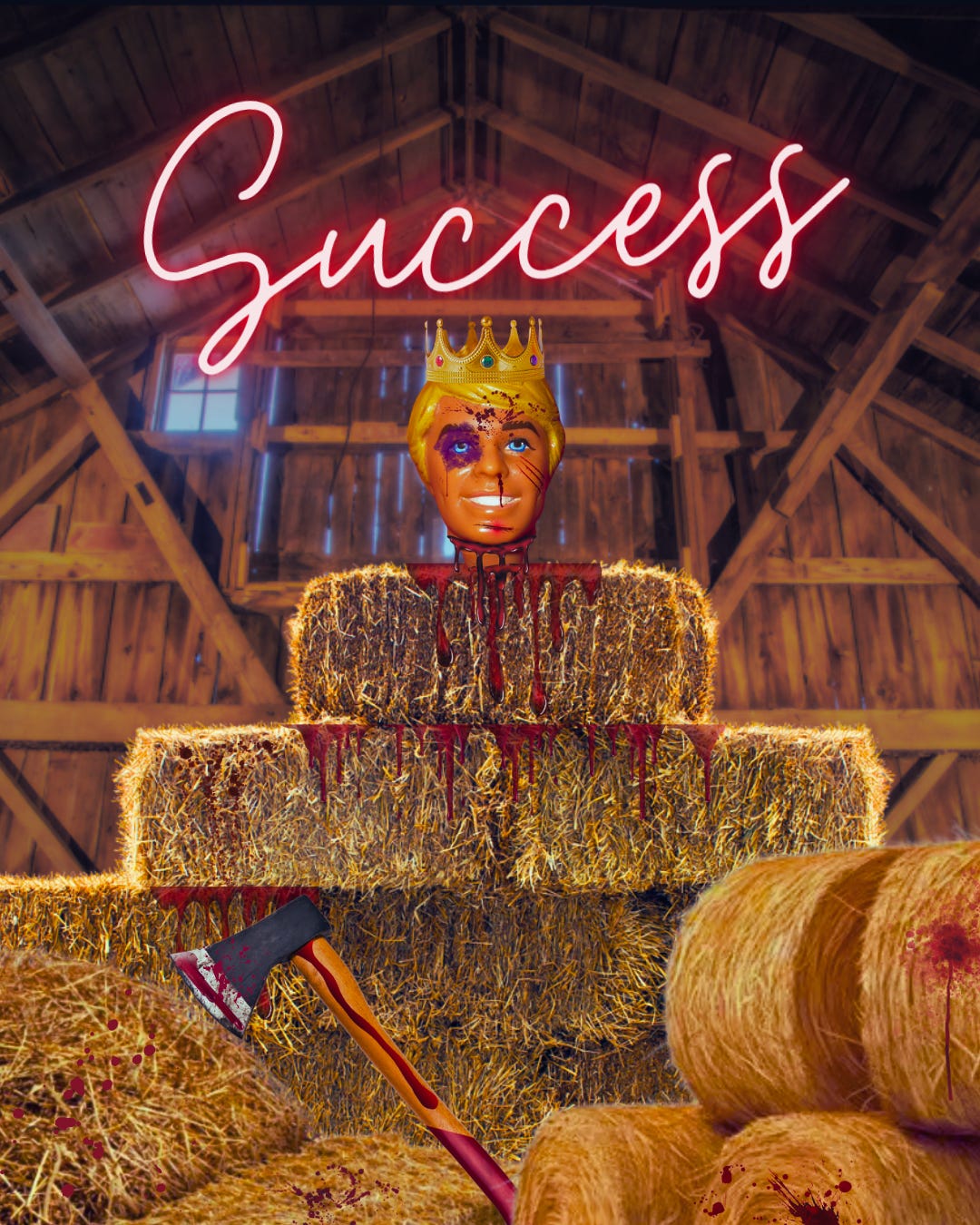 Newsletter promo image with a bloody Ken doll head sitting atop a hay stack with the neon word SUCCESS above it