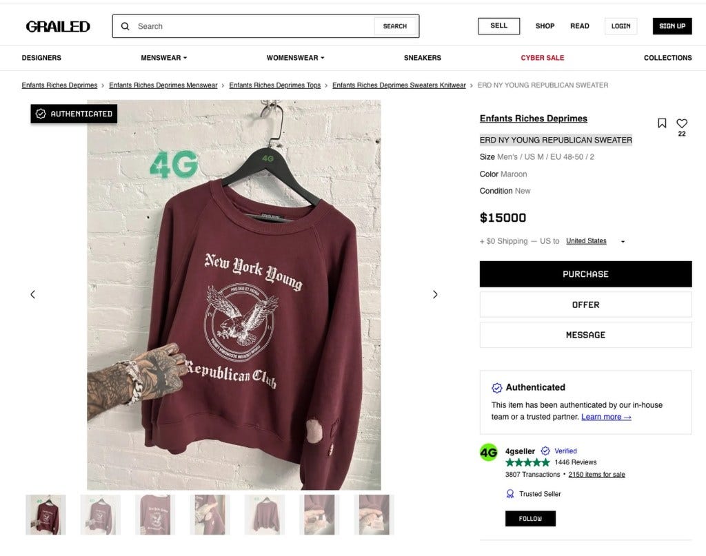 A red Enfants Riches Deprimes NY Young Republican Sweater listed for $15k USD on Grailed.com