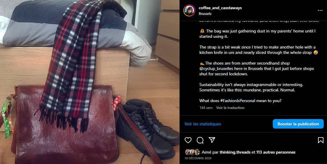 Screenshot of Instagram post of shoes, scarf and a brown shoulder bag explaining how I got them secondhand from friends and shops. 