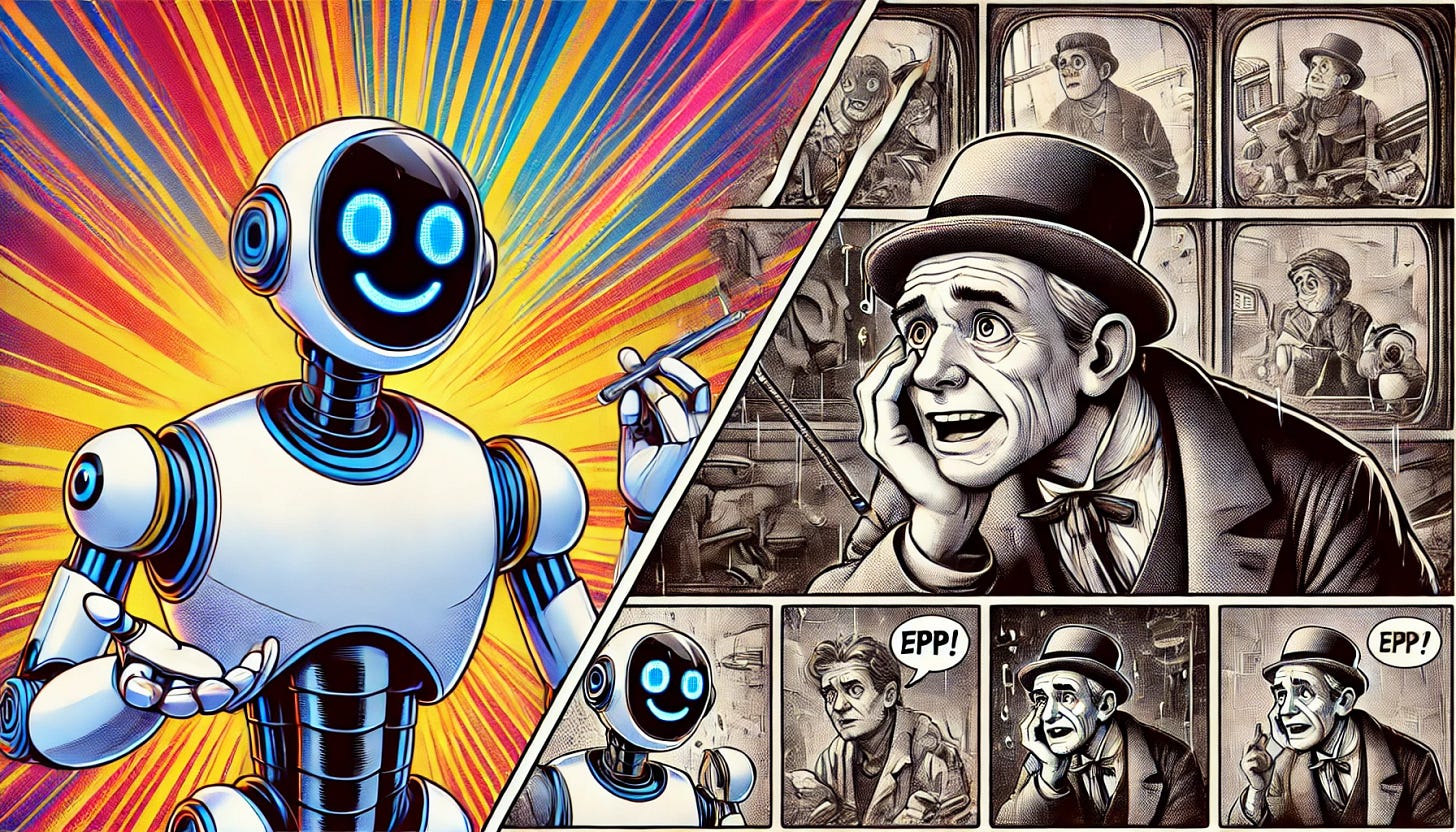 A split image of two comic book slots side by side. In the left slot, a modern, sleek robot in full color is happily interacting with a smiling human. Both characters are present in the same frame, creating a lively and futuristic scene. In the right slot, the entire scene is in black and white. A confused older, clunky robot is attempting to communicate with a confused human. Both are in the same frame, and the atmosphere feels uncertain and nostalgic. The left slot is vibrant, while the right is monochrome and old-fashioned.