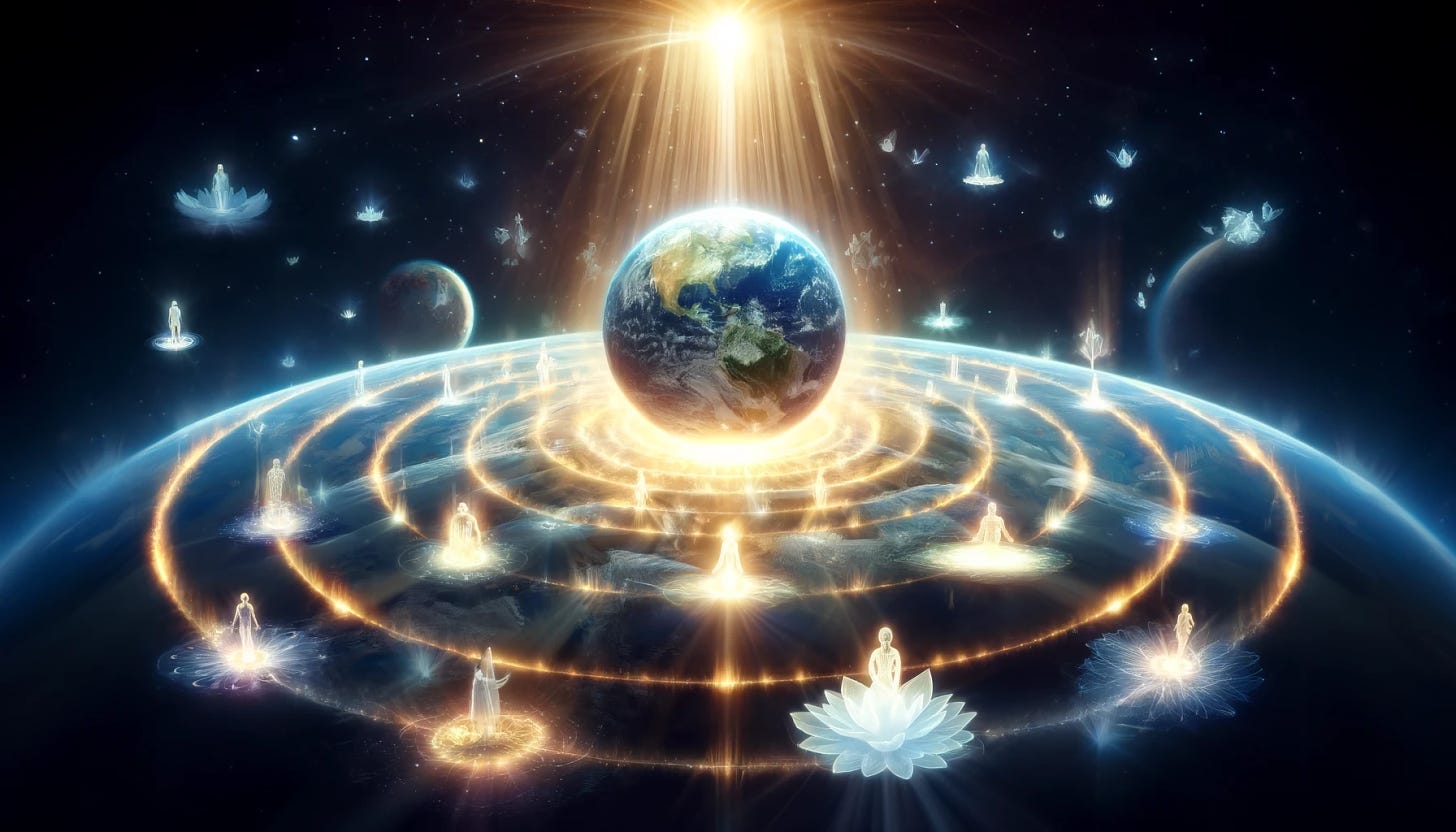 A conceptual image representing the spiritual awakening of the entire Earth, designed in a wide 16:9 aspect ratio. The scene includes a glowing, radiant Earth viewed from space, surrounded by soft light beams. Gentle waves of energy emanate from the planet, symbolizing enlightenment and spiritual growth. Around the Earth, diverse human figures float in a serene, meditative state, connected by beams of light that signify unity and global consciousness. The background is a deep space setting, enhancing the cosmic feel.