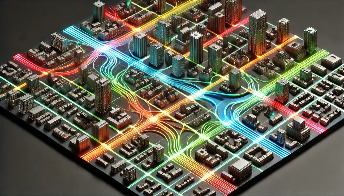 A stylized map of a generic city with a grid layout and glowing, vivid colored three-dimensional lines representing arteries running through the city's grid. Buildings within the grid appear as pewter models with varied shapes and sizes. The background is black, making the bright and colorful arteries stand out vividly. The design emphasizes the arteries as the lifeblood of the city, with a neat and organized layout that clearly shows the flow of energy and vitality throughout the metropolis. Remove any elements outside of the grid.