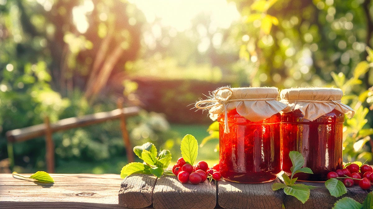 Idyllic jars of jams on a porch. 