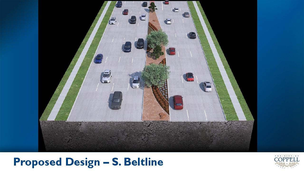 A rendering of a seven-lane road featuring a hardscape median and a sheer cliff face
