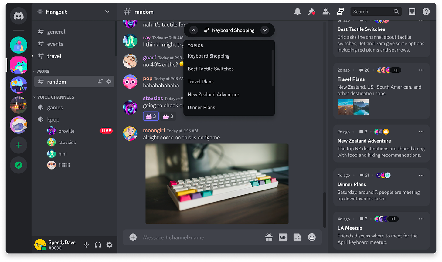 A screenshot of Discord’s Conversation Summaries in action. Conversation topics such as “Keyboard Shopping,” “New Zealand Adventure” and “Dinner Plans” are shown.