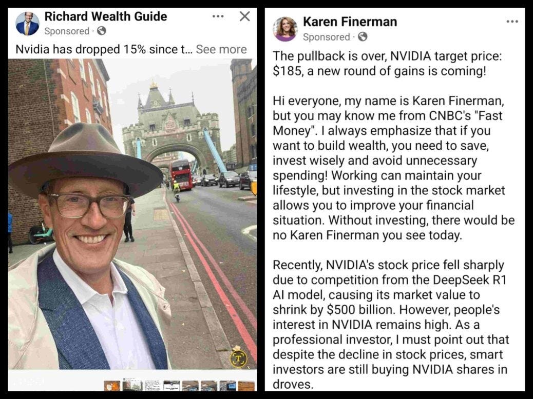 Richard Quest scam investment site on Facebook. Montage: Press Gazette