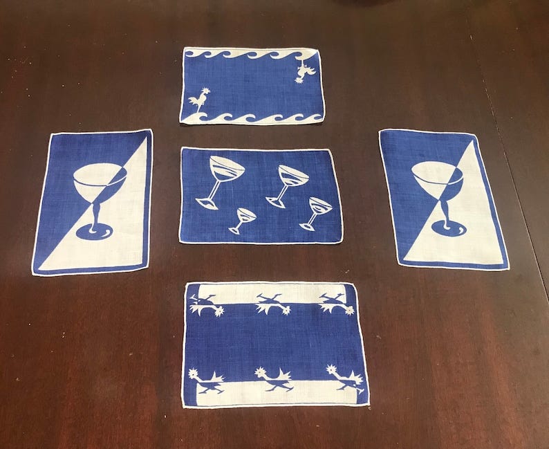 Vintage 1940s/50s 5 Blue and White Cotton Cocktail Napkins w/ Cups and Birds image 1