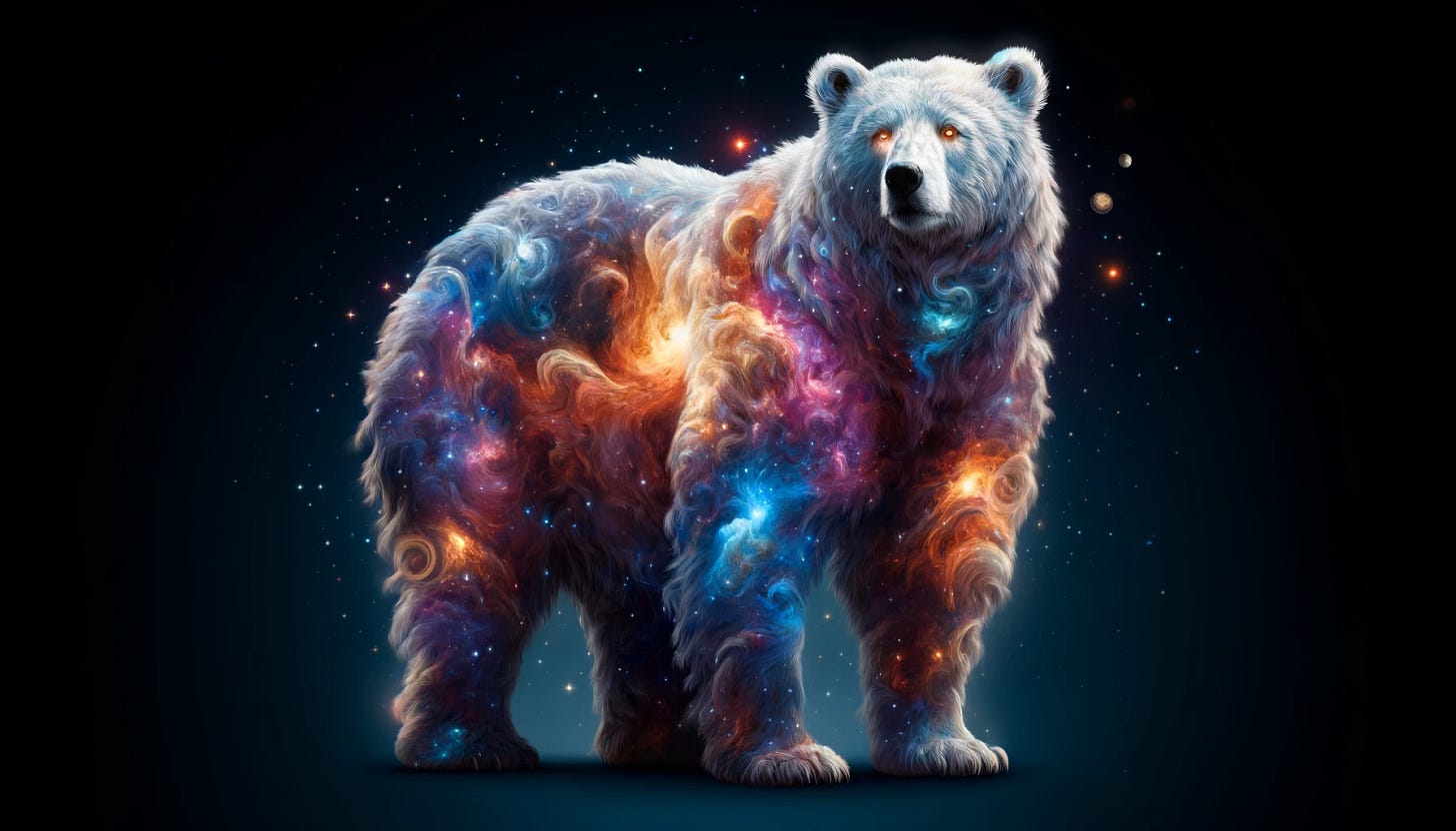 A majestic space bear with a body composed of swirling galaxies. The bear is standing in the middle of space, with stars, planets, and nebulae surrounding it. Its fur looks like cosmic clouds and its eyes shine like distant stars, creating a mystical and powerful appearance. The bear's posture is strong and regal, emphasizing its otherworldly presence.