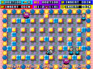 A screenshot from Atomic Punk that shows Bomberman laying on his side, eyes wide, after being blown up. A fraction of a second earlier, he was also covered in explosion soot.
