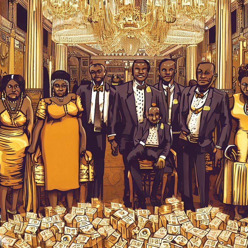 African family with 55 years in power smiles in a photo in the presidential palace surrounded by gold and riches. They are dressed in suits and dresses.  Like cartoon. Dystopia