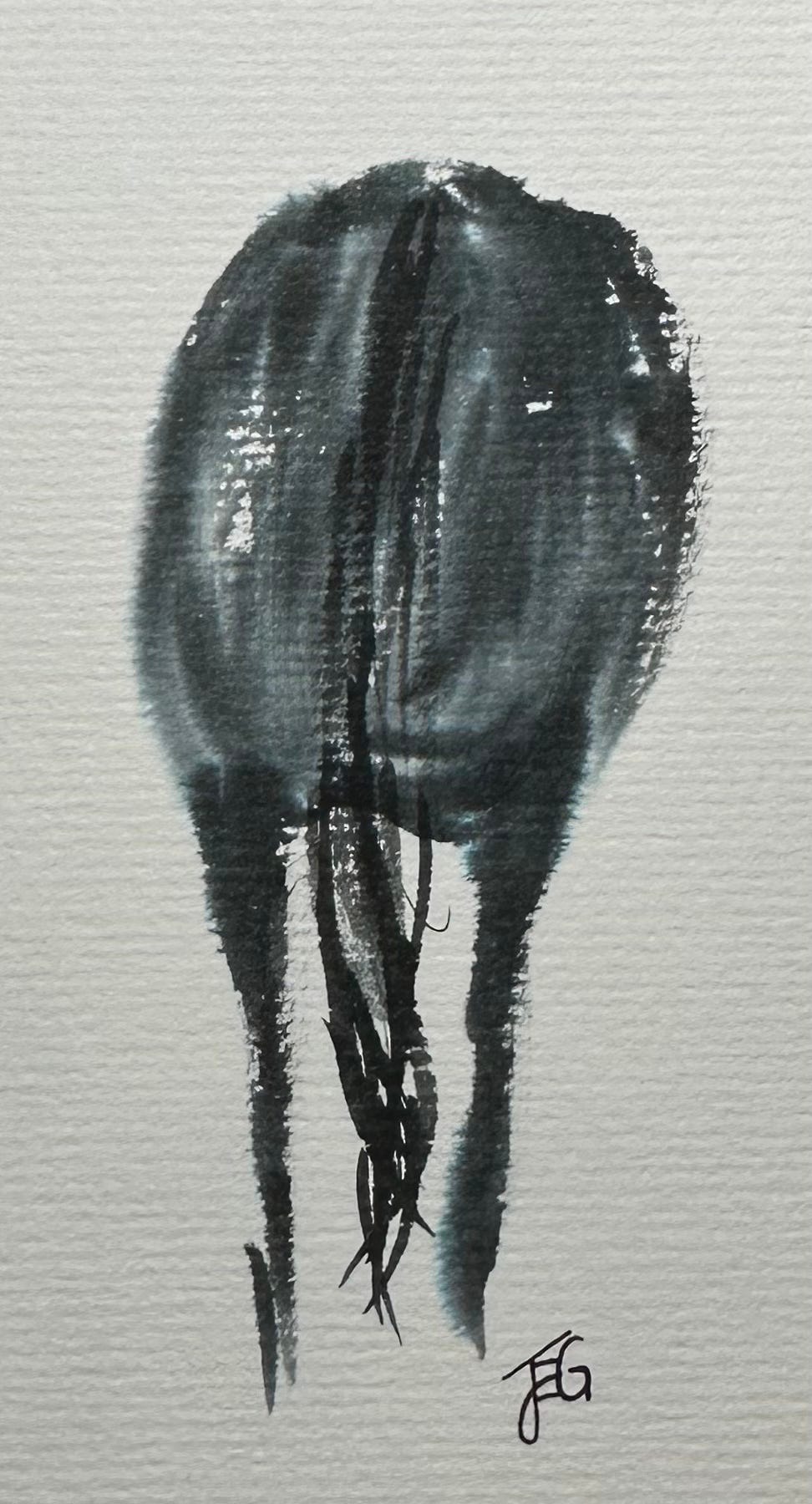 The back end of a black horse in watercolor.