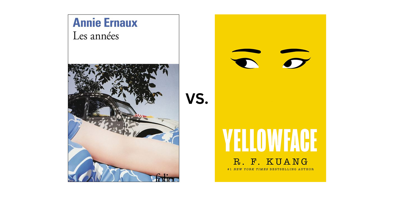 Book cover images for Les annees by Annie Ernaux and Yellowface by R.F. Kuang