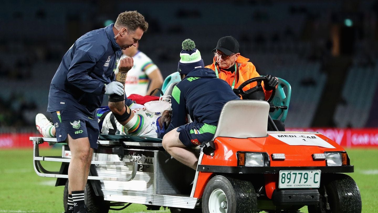 Corey Harawira-Naera of the Raiders is driven off the field after collapsing. Photo / Getty Images