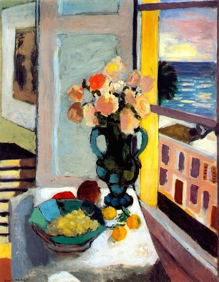 This may contain: a painting of flowers in a vase on a table next to a bowl of fruit