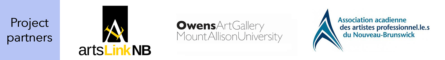 Logos of the project partners: Arts Link NB, the Owens Art Gallery at Mount Allison University, and the Association acadienne des artistes profesionnel.le.s du Nouveau-Brunswick.
