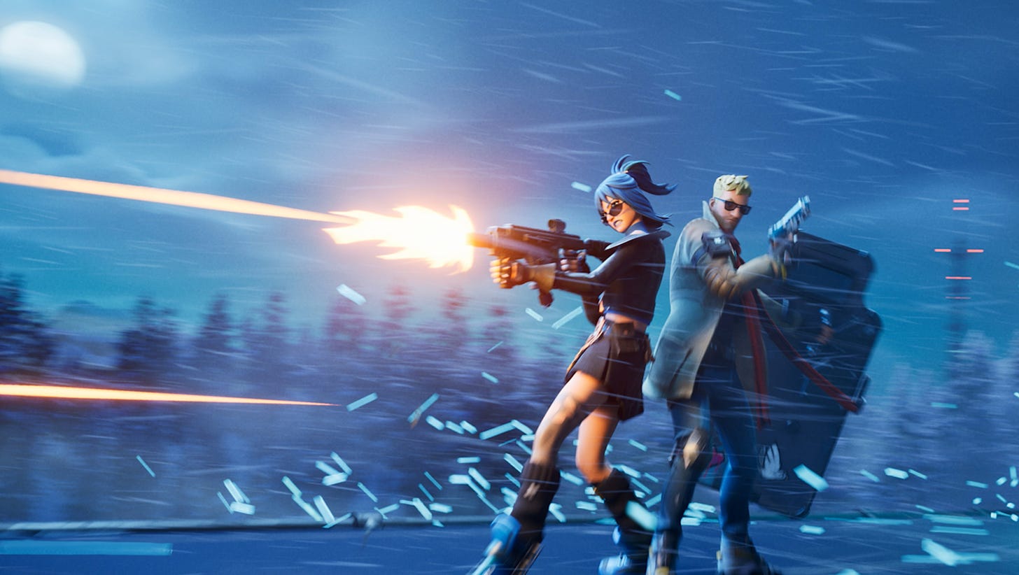 Video game screenshot of two people with guns in a shootout in a blizzard