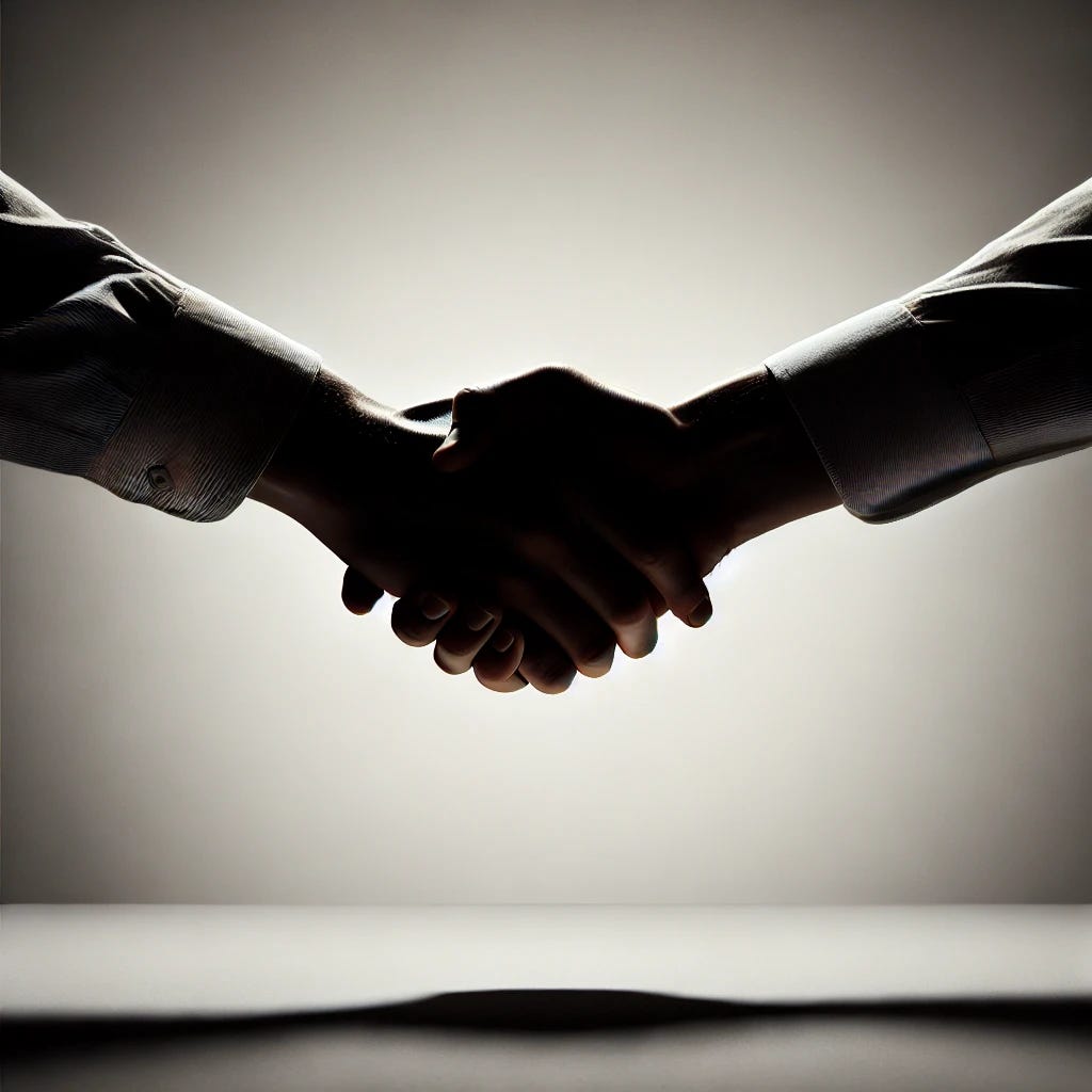 A silhouette of two hands in a firm handshake against a simple, plain background. The handshake is the central focus of the image, with fingers interlocked and palms pressed together. The background should be smooth and unobtrusive, allowing the silhouette to stand out clearly, with no additional elements to distract from the handshake. The lighting should create a clean, high-contrast effect, emphasizing the outline of the hands.