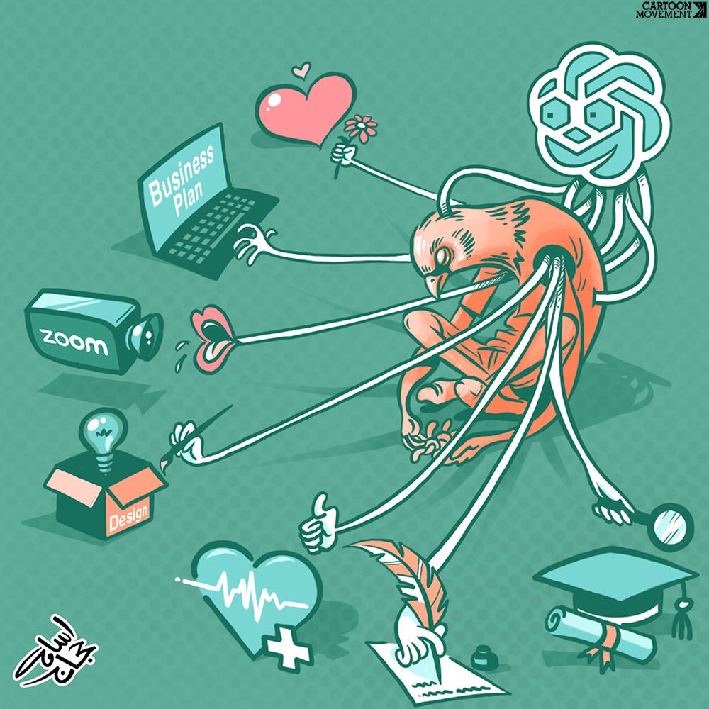 Cartoon showing the ChatGPT logo with eyes and multiple long arms that are reaching through the crouching and emaciated body of a man, manipulating all aspects of life, including, work, healthcare and love.