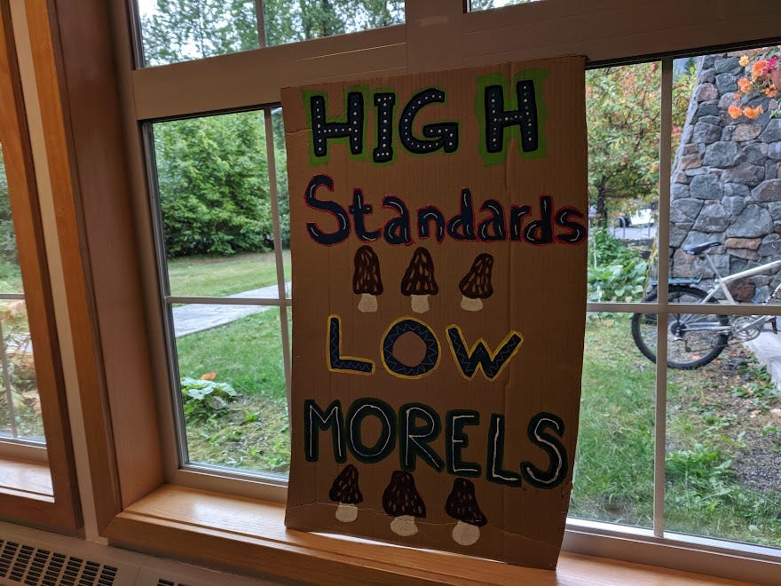 handpainted sign reads "high standards, low morels"
