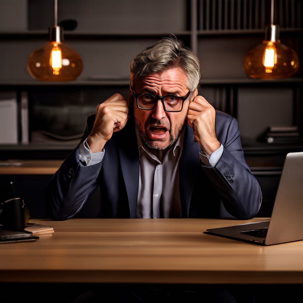 a middle-aged professional anglo-european man sitting in front of a laptop, with his fingers in his ears and refusing to listen to advice. Make it photographic style.