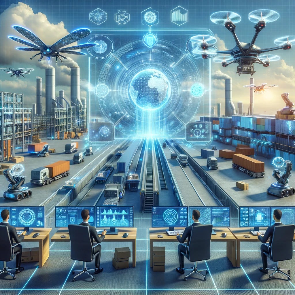 An imaginative and forward-looking illustration of the future of management with AI integration in the supply chain. This visionary scene depicts a highly advanced logistics center, where AI and robotics seamlessly collaborate to optimize the supply chain process. Autonomous drones and robots are shown working together, moving goods with precision and efficiency. The central feature is a sophisticated AI system, visualized as a large, interactive holographic display, where complex algorithms predict and manage logistics operations in real time. Human supervisors, equipped with tablets and virtual reality interfaces, oversee the operation, ensuring a perfect synergy between human insight and AI's analytical power. This scene encapsulates the evolution of supply chain management, highlighting the efficiency, speed, and adaptability that AI brings to the table.