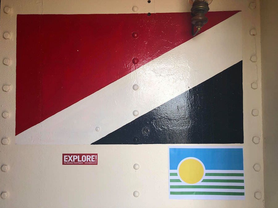 The flag of Islandia, on display at the sea fort home of the Principality of Sealand.