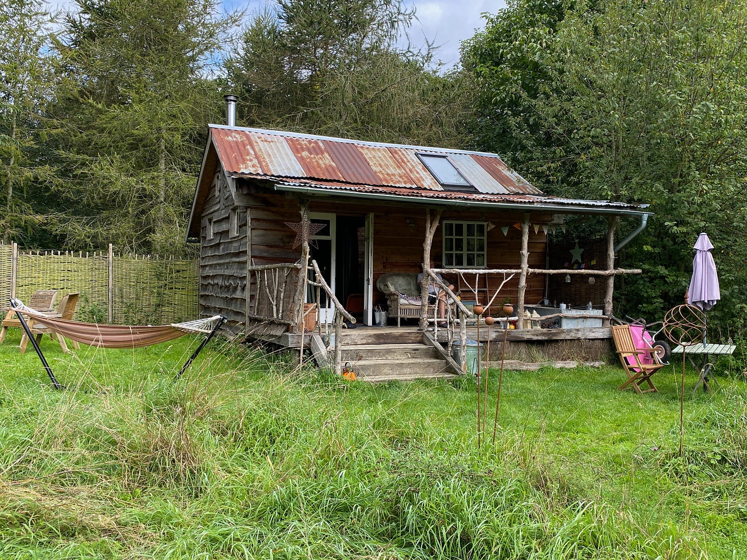 eco-retreat cabin hand built using reclaimed, and repurposed materials, situated in a wildflower meadow