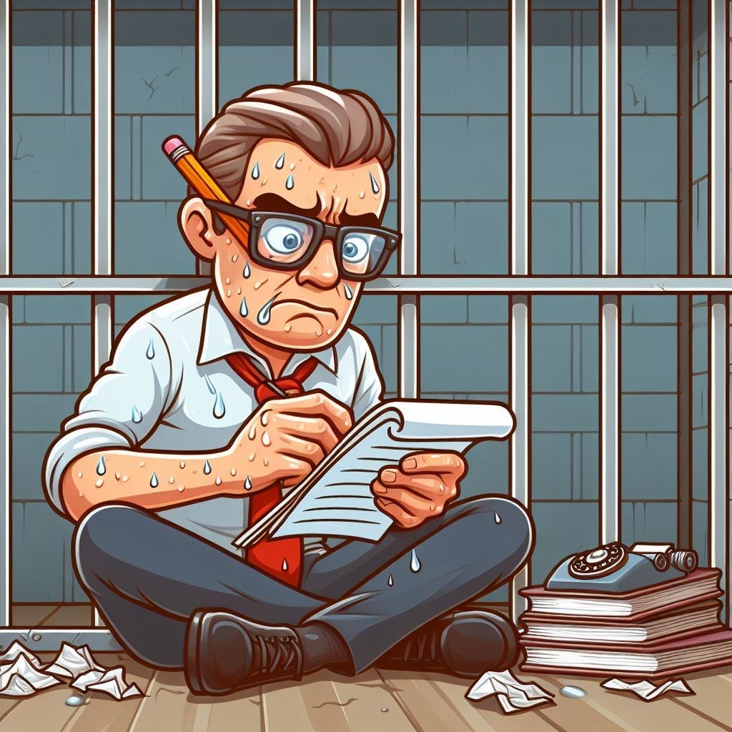 Imagen generada por IA. Un hombre escribiendo dentro de una prisión.