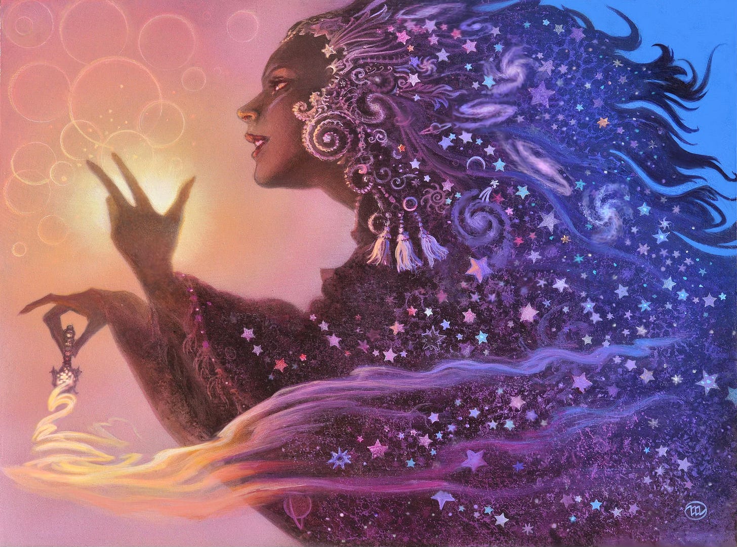 Against a pink background, a dark skinned enchantress is captured in profile mid-ritual. Her eyes focus on overlapping bubbles of light evoked by an elegant gesture. Fingers thrown wide, a soft glow illuminates the back of her hand in silhouette. In her other hand, she daintily pinches a tiny ornate vial by its long neck. Vapors trailing off the tincture waft low in a zig-zag motion. Light warms her face, brightening silver highlights of her headdress saturated in lilac tones. The patterns of spiral along her cheeks seem tangible, so do bell-shaped tassels dangling to her shoulders, but her figure fade to astronomical abstraction filled with 5-pointed stars and many spiral galaxies. Her hair whips wily in silhouette as the background shifts to blue behind her.