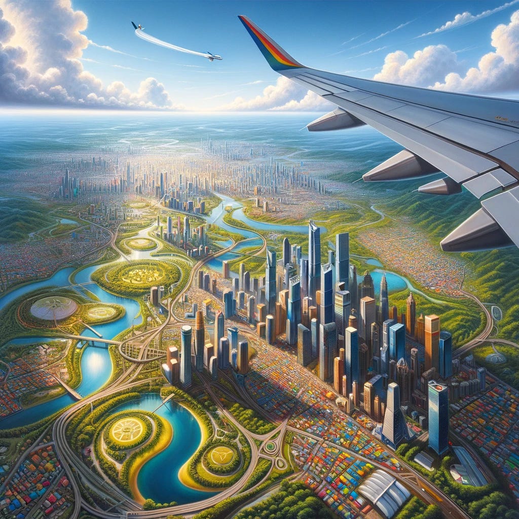 A painting depicting a view out of an airplane window, showcasing a vibrant and colorful world below. The perspective is from the inside of the plane, looking down upon a bustling cityscape with skyscrapers, parks, and winding roads. The city is alive with activity and is surrounded by a lush countryside. The sky is clear and blue, with a few fluffy white clouds. The airplane wing is partially visible in the frame, adding to the realism of the view from above.