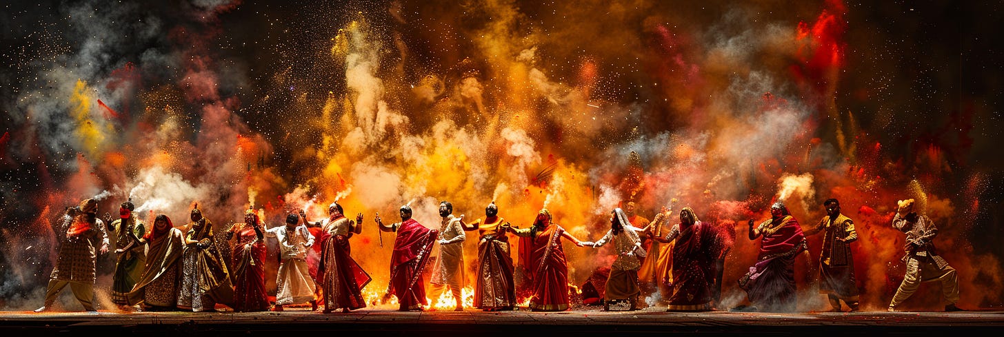 This panoramic image captures the dynamic intensity of a theatrical performance, likely depicting a scene from a traditional Indian story or festival. Performers dressed in ornate, colorful costumes hold hands and dance amidst a spectacular explosion of fiery red and golden powders, which create an almost celestial atmosphere against the darkness of the stage. The movement and energy are palpable, with the powders and sparks flying through the air, illustrating a moment of climax in the narrative being portrayed. The dramatic lighting and the sheer scale of the event provide a sense of grandeur and excitement, inviting the viewer into a world of myth and celebration.