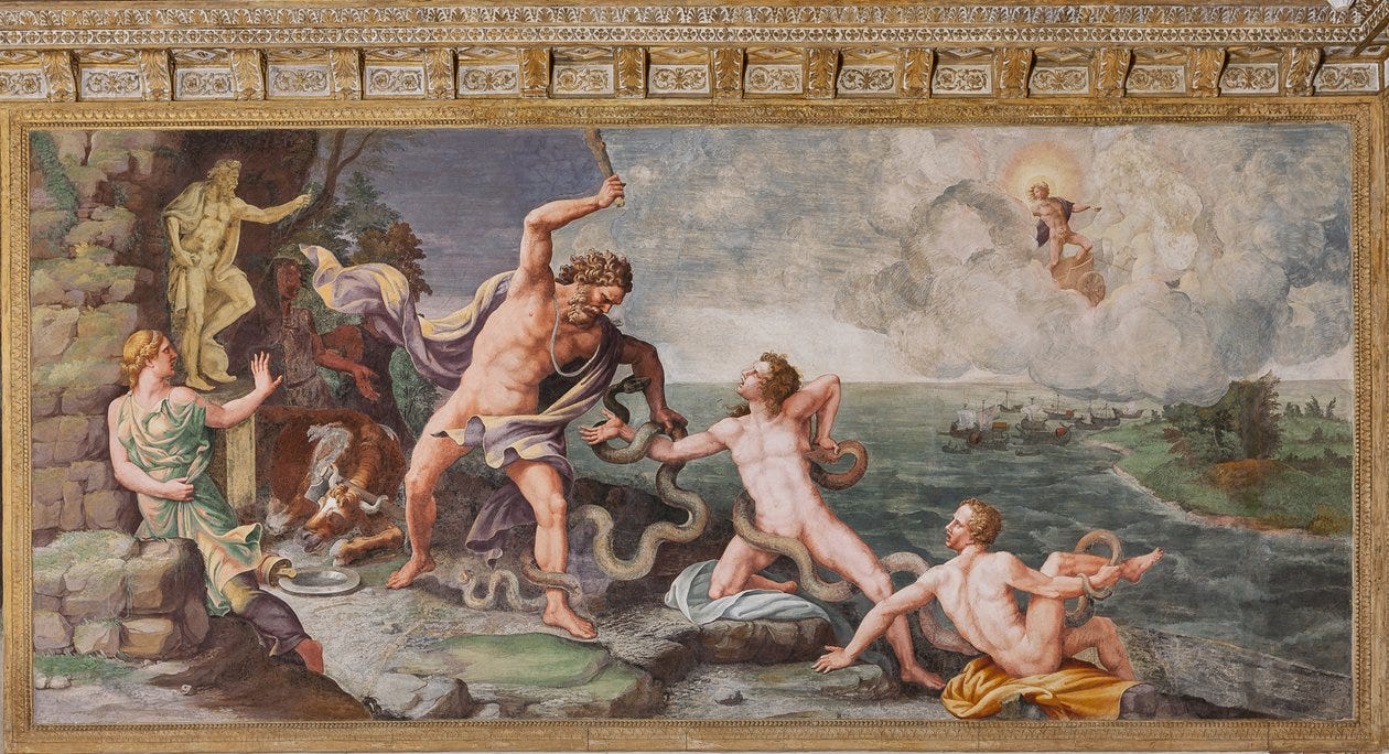 Laocoon and His Sons Being Attacked by Serpents, The Trojan Horse, Chamber of Troy by Giulio (and workshop) Romano