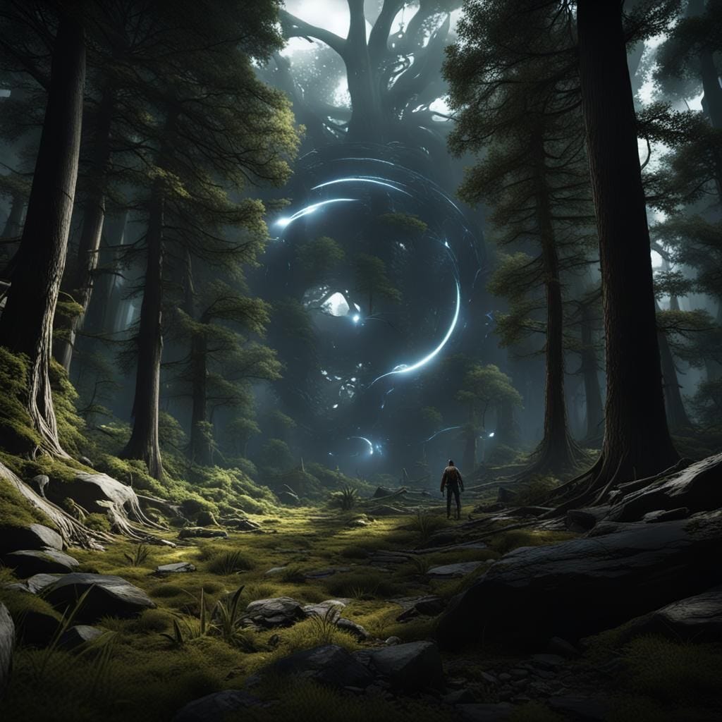 Dimensional Rift: In a remote forested area, explorers experience interdimensional echoes from alternate realities durin...