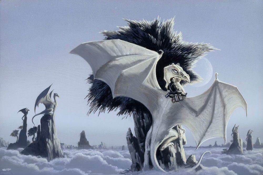 A white dragon perches on a rocky peak rising above the clouds. The tree atop the spire, half covered by its wing, is a wild concentration of outward bristling brush.