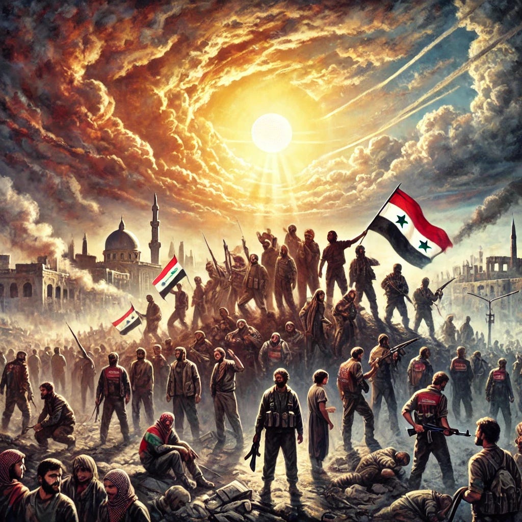 An artistic depiction of the Syrian Rebellion, showcasing a powerful and symbolic scene. In the foreground, a diverse group of rebels stands united, with determined expressions, holding flags, and standing amidst ruins. The backdrop features a dramatic landscape of a war-torn city under a setting sun, symbolizing both struggle and hope. Smoke and debris fill parts of the sky, contrasting with rays of sunlight breaking through, creating a vivid portrayal of resilience and conflict. The art style is semi-realistic, with bold, expressive strokes capturing the emotion of the moment.