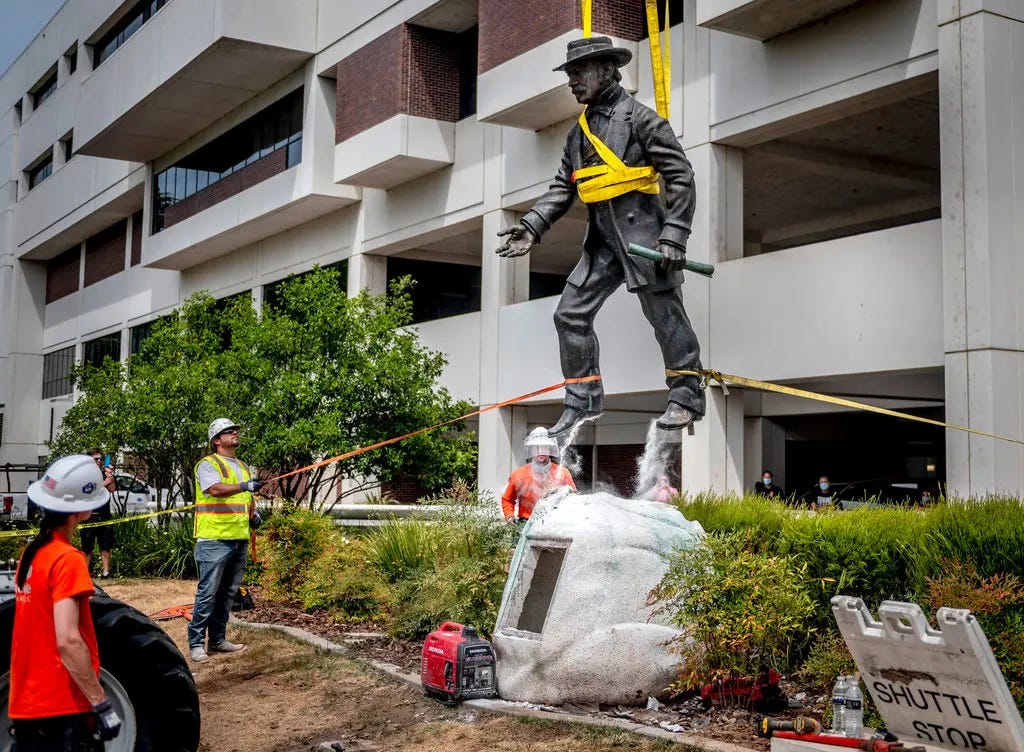 In Sacramento, a tribute to John Sutter, a settler famous for his role in the California gold rush who enslaved and exploited Native Americans, was taken down this week.