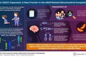 Biallelic GGGCC repeat expansion in the promoter region of the NAXE gene has been found to be linked to mitochondrial dysfunction leading to mitochondrial encephalopathy