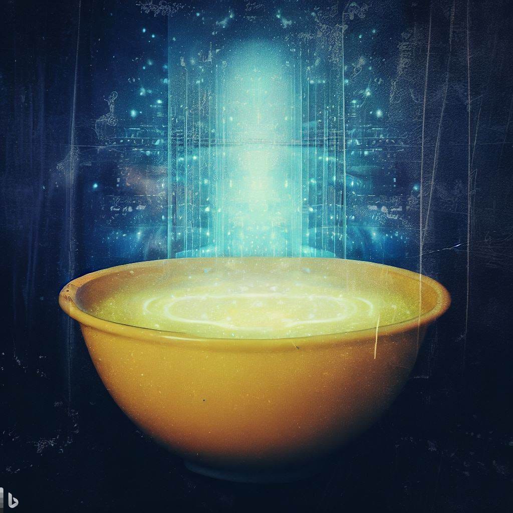 a yellow bowl of soup that is also a portal to another dimension, dark blue background,  grunge texture overlay
