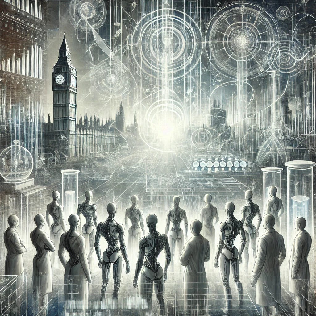 A futuristic, abstract depiction of scientific collaboration and progress against adversity. A group of humanoid robots, symbolizing scientists and technologists, stand together in a high-tech laboratory filled with holographic data streams and glowing research interfaces. The background blends futuristic cityscapes with historical British architecture, representing the contrast between tradition and innovation. The color palette remains white and grey, with subtle neon highlights symbolizing creativity and technological breakthroughs. The image conveys a sense of unity, determination, and the pursuit of progress despite challenges.