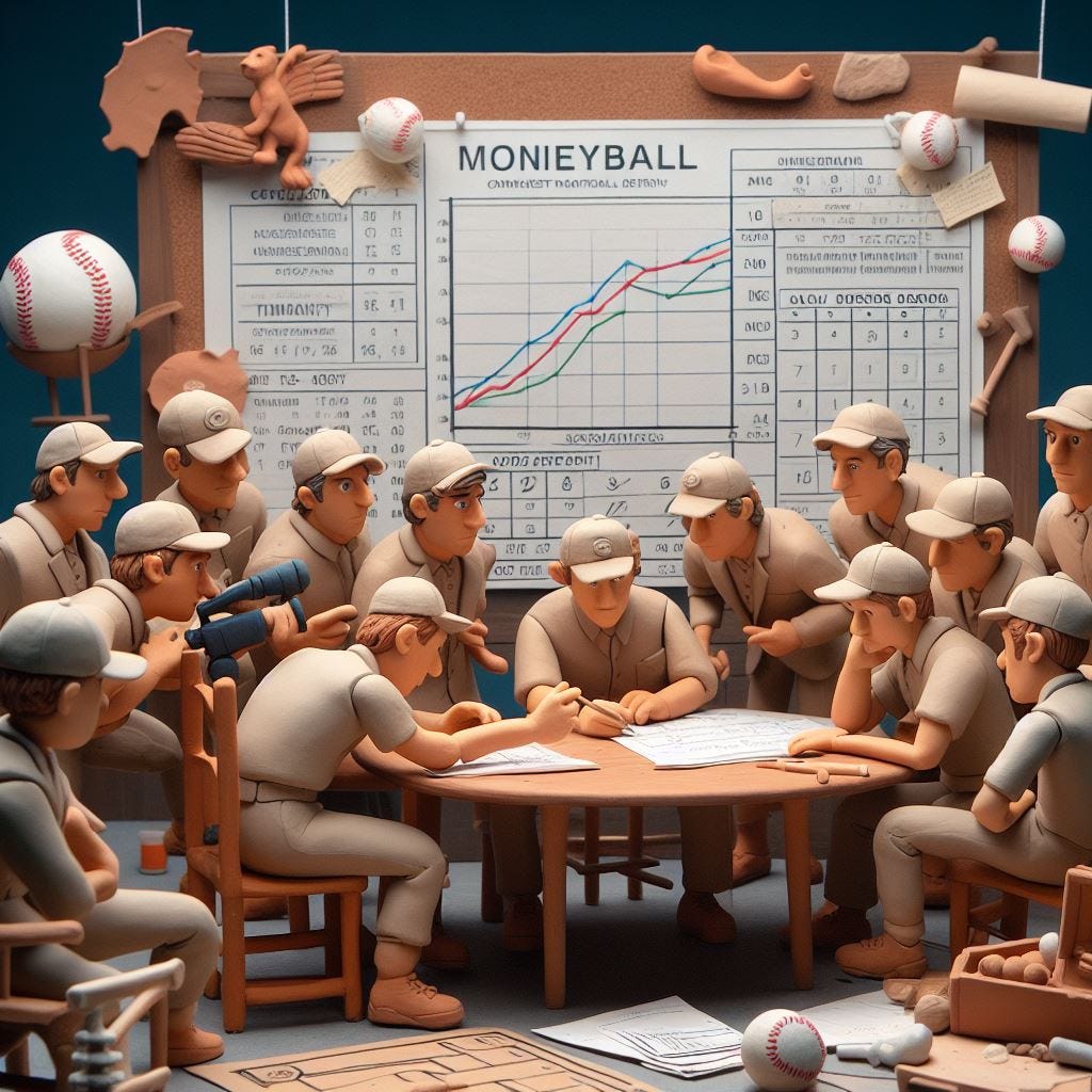 "Create a claymation scene inspired by 'Moneyball,' portraying the revolutionary use of data analytics in baseball. Show a team of clay figures, representing players and coaches, poring over statistics and strategizing using advanced metrics. Capture key moments from the story, such as Billy Beane's unconventional approach to assembling a competitive team on a limited budget. Use clay animation to convey the tension, excitement, and innovation behind the Moneyball philosophy,