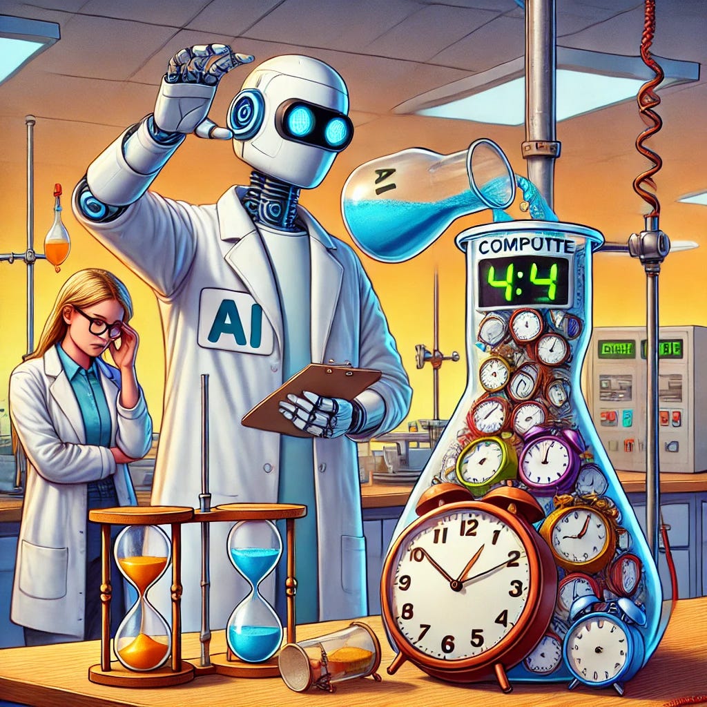 A robot chemist in a lab coat stands in a laboratory, pouring two labeled containers, one labeled 'AI' and the other 'Compute,' into a beaker that is overflowing with clocks, hourglasses, and timepieces spilling out of it. To the side, a frustrated person checks an oversized watch, tapping their foot impatiently. The scene combines a realistic and animated art style, blending elements of chemistry with the concept of time to represent 'Compound AI' and the idea of test-time compute wasting users' time. The lab background has scientific equipment, and the colors are vivid but balanced for a professional yet whimsical look.