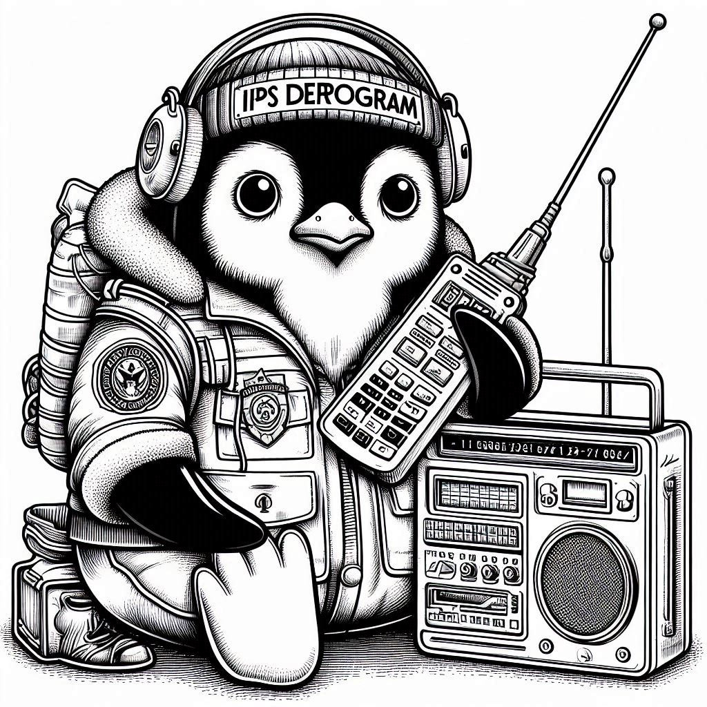  detailed coloring book page in black and white of a penguin holding a radio with lettering "IPS DEPROGRAM"