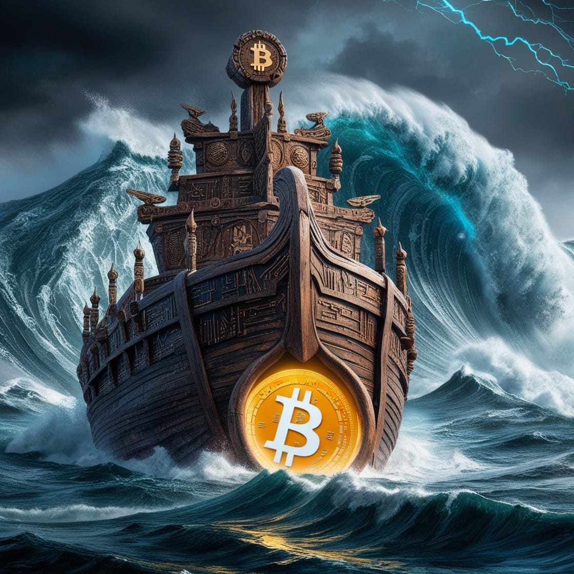 A monumental Bitcoin ark, adorned with ancient, cryptic ornaments and mysterious hieroglyphics, stands tall amidst a turbulent sea, its rustic, worn wooden hull a testament to its age and wisdom. A colossal wave, foamy and chaotic, looms in the background, threatening to engulf the ark, yet it remains steadfast, a beacon of hope and resilience. The cypherpunk aesthetic is palpable, with a mesh of intricate, circuit board-like patterns and cryptic symbols etched into the ark's surface, evoking a sense of revolutionary, countercultural defiance. The sky above is a deep, foreboding grey, with hints of electric blue, as if the very fabric of reality is being rewritten by the power of decentralized currency. In the foreground, the ark's entrance, shaped like a cryptocurrency symbol, glows with a soft, pulsing light, inviting humanity to seek refuge within its mighty walls.