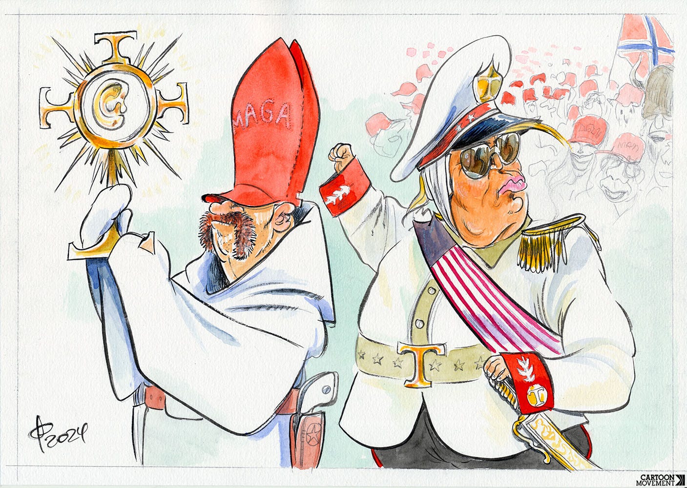 Cartoon showing Donald Trump wearing a white military dictator outfit, with a bandaged ear and holding a fist in the air. A priest is walking next to him wearing a red miter with the letters MAGA on it and carrying a golden cross made from Ts with a golden ear in the center. In the background, we see idolate Trump supporters.