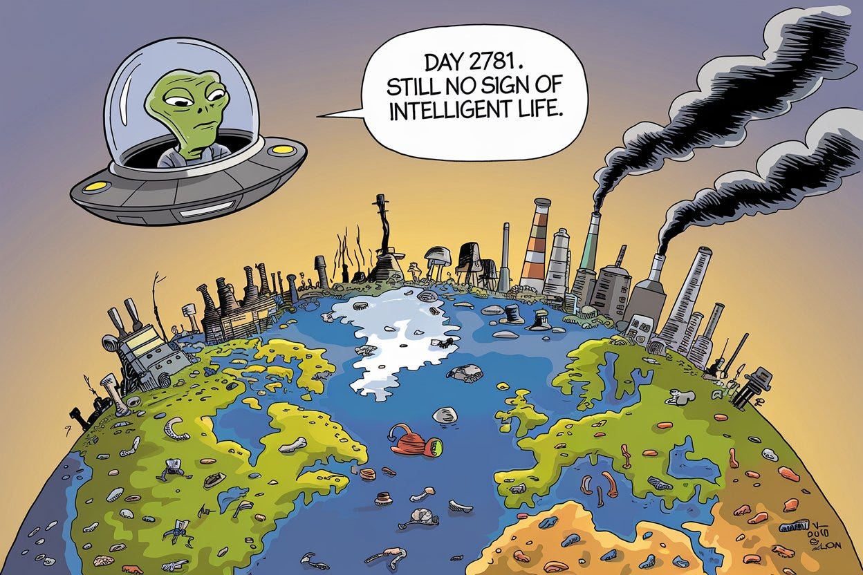 Cartoon Illustration: An alien in a small spaceship looks down at Earth. The round planet below is covered in garbage, ruins, and factories pumping out black smoke. The alien with a disappointed expression says, "Day 2781. Still no sign of intelligent life."