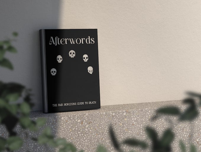 Mockup of a black hardcover book with five skulls, reading, "Afterwords, the Far Horizons Guide to Death."